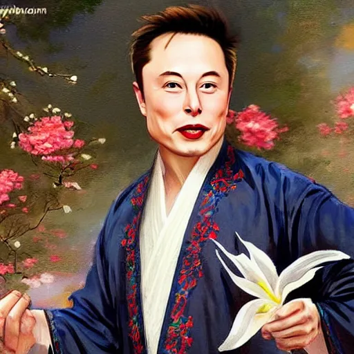 Image similar to elon musk wearing a hanfu with lily embroidery, in the style of Konstantin Razumov, extremely detailed