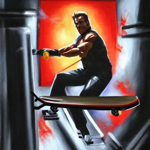 Image similar to A painting Arnold Schwarzenegger from terminator 1984 riding a skateboard smoking cigar, gloomy, action, ambient lighting,