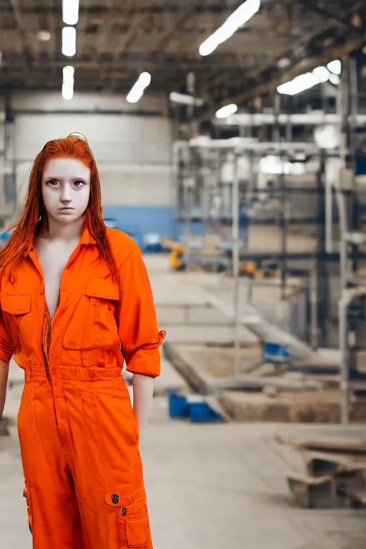 Image similar to portrait photo of a teenage girl in an orange jumpsuit. Bright orange, natural hair, freckles. In an industrial environment. Shallow depth of field. Dramatic lighting. Low light. Highly detailed.