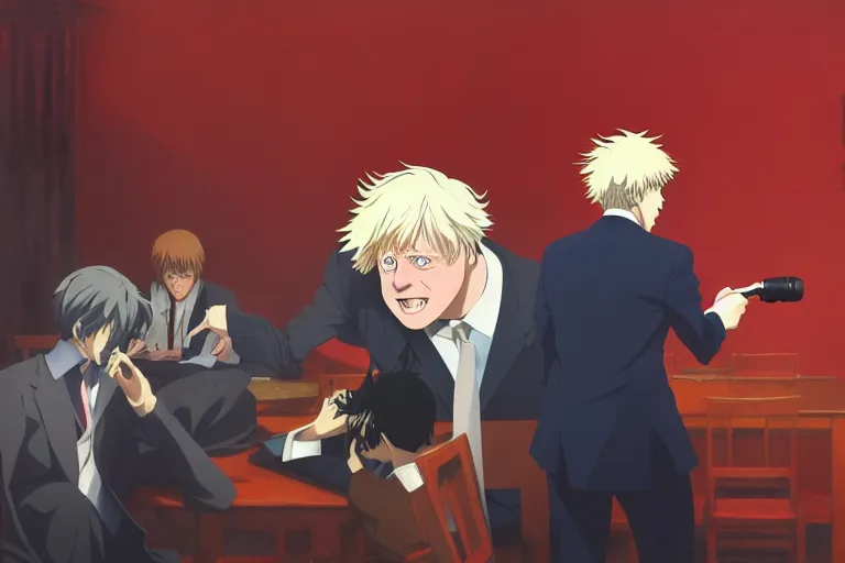 Prompt: anime key visual of boris johnson addressing the covid epidemic to a room of reporters, style of jamie wyeth james gilleard edward hopper greg rutkowski acrylic painting, preserved museum piece, historical