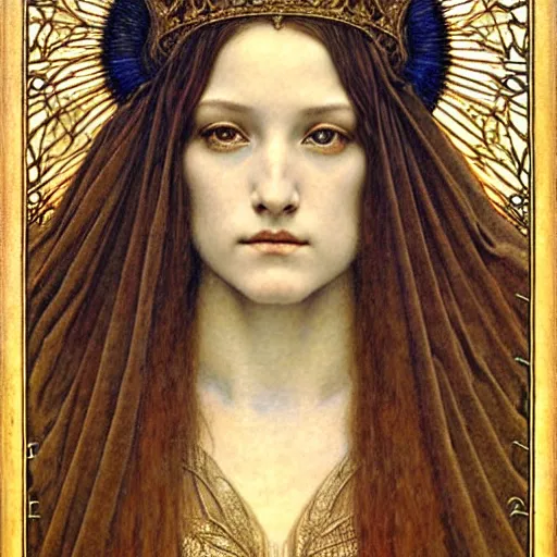 Image similar to detailed realistic beautiful young medieval queen face portrait by jean delville, gustave dore and marco mazzoni, art nouveau, symbolist, visionary, gothic, pre - raphaelite. horizontal symmetry