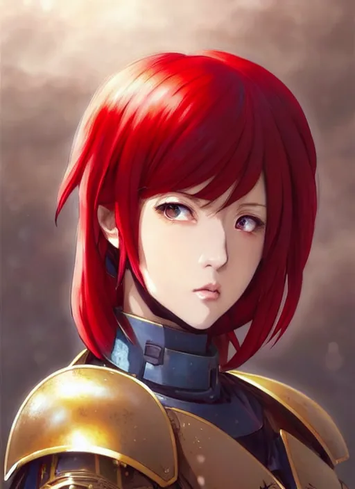 Image similar to portrait of Anime sister of battle, Warhammer 40000, cute-fine-face, red-short-hair pretty face, realistic shaded Perfect face, fine details. Anime. realistic shaded lighting by Ilya Kuvshinov katsuhiro otomo ghost-in-the-shell, magali villeneuve, artgerm, rutkowski, WLOP Jeremy Lipkin and Giuseppe Dangelico Pino and Michael Garmash and Rob Rey