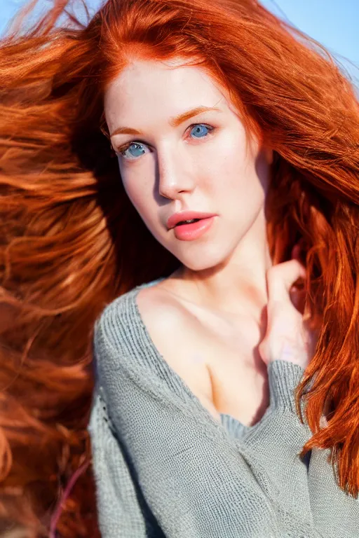 Image similar to olive skinned redhead female model in her twenties, wearing a v - neck sweater, looking content, focused on her neck, photo realistic, extreme detail skin, natural beauty, no filter, slr, golden hour, 4 k, high definition, selfie