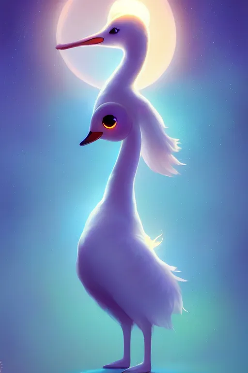 Image similar to super cute Bioluminescent Lunar Swan character concept, soft light, soft mood, realistic body features and face, illustration, painting oil on canvas by Elena Zhurikhina and Goro Fujita and Charlie Bowater, octane render trending on artstation, 4k, 8k, HD