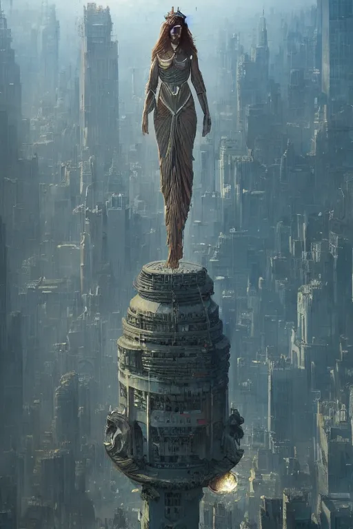 Prompt: intelligence artificial goddess floating above a city, sharp focus, by rozalski, by greg rutkowski, cinematic shot, megalophobia, award winning, trending on artstation, intricate, detailed