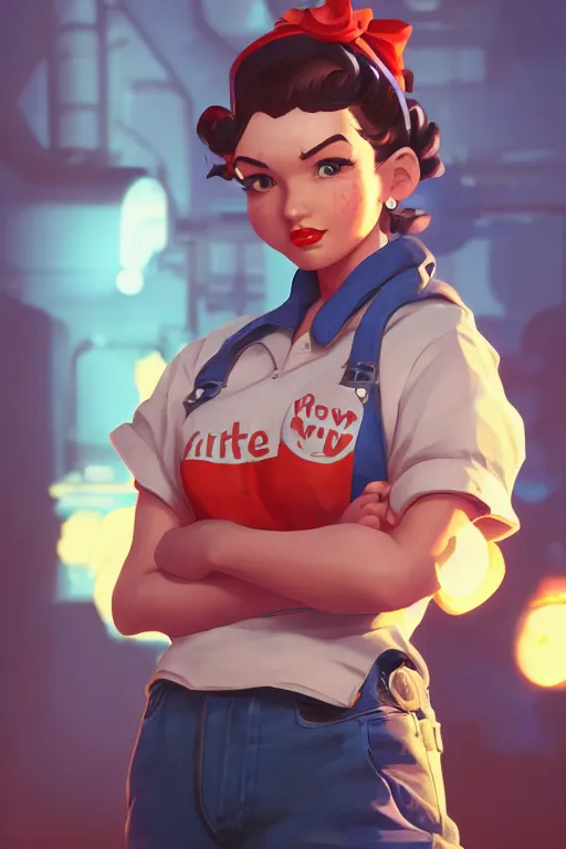 Image similar to a portrait of a cute rosie the riveter, industrial setting, overwatch art team, action pose, vivid colors, soft lighting, atmospheric, cinematic, moody, splash art in the style of ilya kuvshinov and range murata, oil on canvas, 8 k