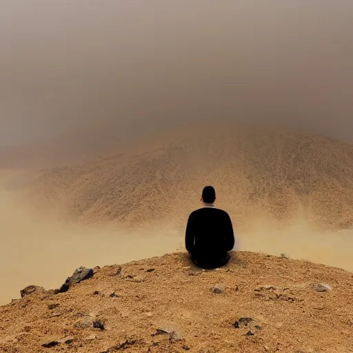 Image similar to man sitting on top peak mountain looking at huge vast sandstorm dust tornado desert