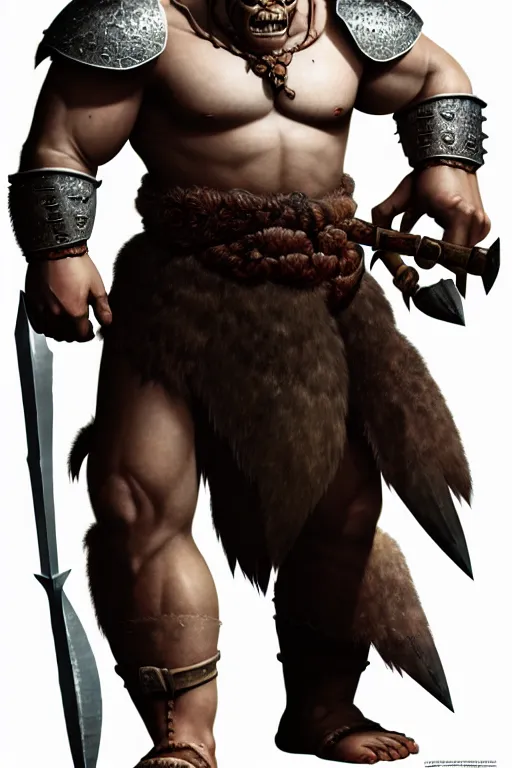 Image similar to orc barbarian wearing leather armor, full body shot, exquisite details, earth magic, mid view, design on a white background, by karl kopinski, james gurney, rockwell, studio muti, greg rutkowski, makoto shinkai, takashi takeuchi, studio ghibli