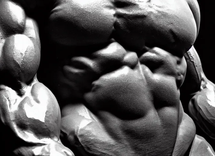 Prompt: a jeff koonz sculpture of a bodybuilder, closeup photo. shot by platon using a leica with flash, kodak gold 3 5 mm film