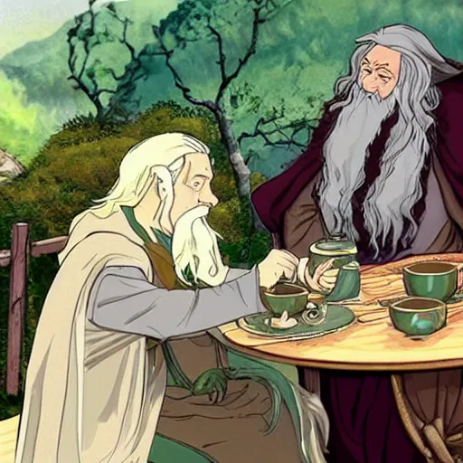 Image similar to lord of the rings gandalf drinking tea with hobbits in the shire, anime studio ghibili