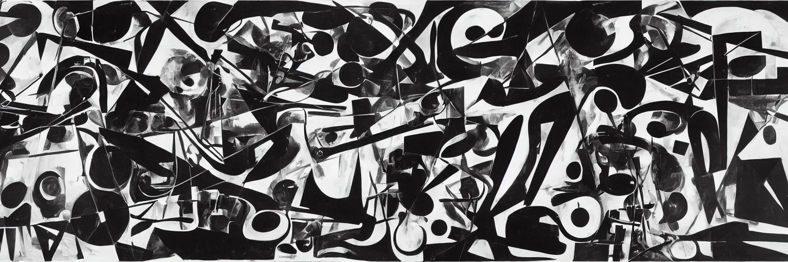 Image similar to visual representation of be - bop jazz music, black and white, abstract, dark, unreal, insightful, philosophical, multiple musical instruments, moma museum,