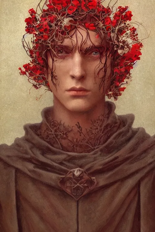 Prompt: portrait of beautiful gothic young man, thunderstorm, cyber armor, a lot of scars, more and more flowers, red head, the middle ages, highly detailed, artstation, illustration, art by jean delville, 8 k quality, art by greg gandy and dragan bibin