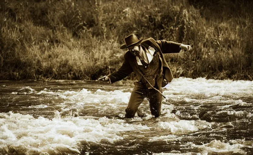 Prompt: a wild west man with the head of a golden retriever panning for gold in a river, gold nuggets in pan, cinematic style photograph