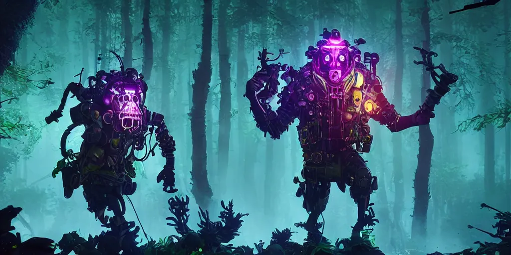 Prompt: gamekeeper hunting for mystical forest monster and wearing a steampunk and neonpunk mechanical fluorescent mystical animal mask realism in style of fornite game. bio luminescent, plasma, ice, water, wind, creature, artwork by tooth wu and wlop and beeple and greg rutkowski, epic cinematic shot, perfectly defined features, ambient occlusion