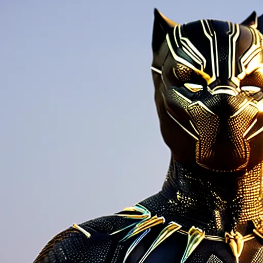 Image similar to a close up photo of a detailed golden statue of Black Panther, epic, 8K,