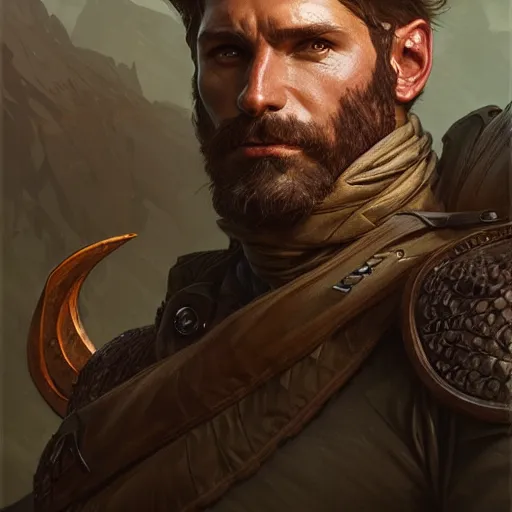 Image similar to Portrait of rugged male ranger, D&D, muscular, fantasy, intricate, elegant, highly detailed, digital painting, artstation, concept art, smooth, sharp focus, illustration, art by artgerm and greg rutkowski and alphonse mucha