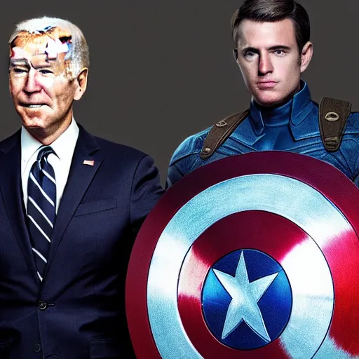 Prompt: a photographic still of Joe Biden starring as Captain America, cinematic