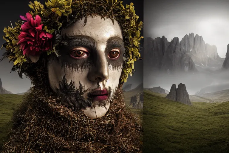 Image similar to portrait of a tyrolean folklore mask, dark, eerie , wearing hay coat, with horns, eerie, flowers growing out of his body, dolomites in the background, detailed intricate insanely detailed octane render, 8k artistic 1920s photography, photorealistic, chiaroscuro, by David Cronenberg, Raphael, Caravaggio