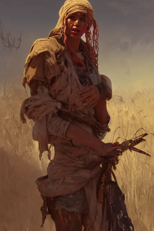 Prompt: a full body portrait of a beautiful post apocalyptic offworld farmers district bedouin blind pulp fiction scarlet wild rogue barbarian leper begging by the roadside, intricate, elegant, highly detailed, digital painting, artstation, concept art, smooth, sharp focus, illustration, art by krenz cushart and artem demura and alphonse mucha