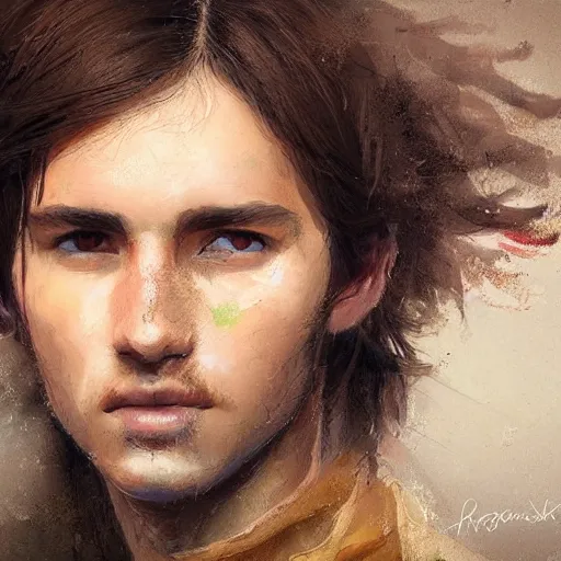 Prompt: colorful detailed portrait of a young shepherd with soft hair, brown hair, Greg Rutkowski