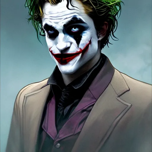 Image similar to handsome Robert Pattinson as Joker, western, D&D, fantasy, intricate, elegant, highly detailed, digital painting, artstation, concept art, matte, sharp focus, illustration, art by Artgerm and Greg Rutkowski and Alphonse Mucha