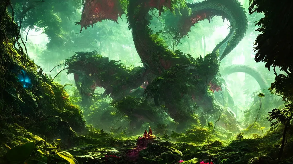 Prompt: an overgrown forest, gigantic dragon, full of glowing plants and vividly colored flowers, with warm light dappled through the leaves, and a vine-covered cave entrance in shadow, Wadim Kashin, in Peter Elson color scheme, featured in artstation, octane render, cinematic, elegant, intricate, 8k