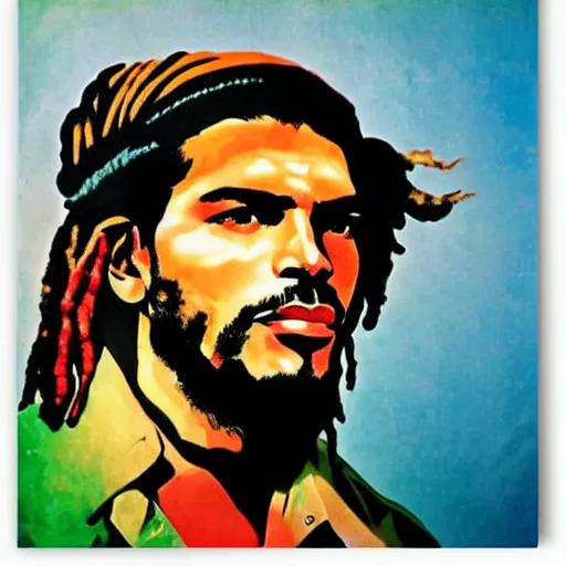 Prompt: che guevara as rastaman, dreadlocks, vibrant poster, colorfull, by vladimir mayakovsky, by alexander rodchenko