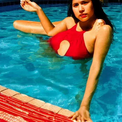 Image similar to clear photo of a beautiful and young female singer of native american descent in a pool with a red swimsuit taken in 1 9 7 6, high quality, highly detailed 7 0 s style photography, long dark hair, elegant pool, trending on pinterest, aesthetically beautiful, elegant