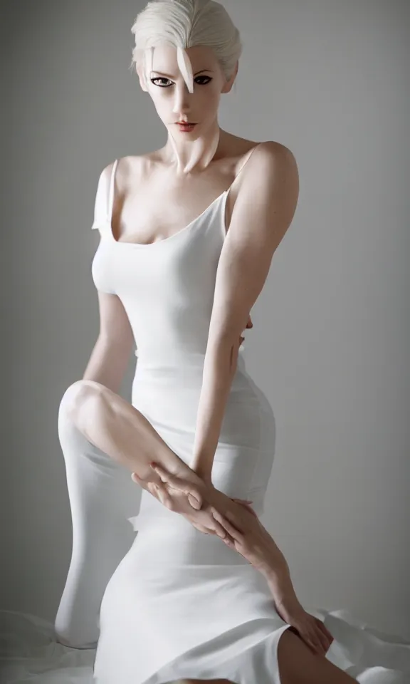 Image similar to photo of gorgeous seductive tall emily skinner cosplaying annie leonhart wearing elegant white dress, legs wearing open toe heels, in a white room, beautiful face, pale skin, rule of thirds, cinematic lighting, sharp focus, backlit, stunning, smooth, hard focus, full body shot, studio photo, shot on sony a 7 iii