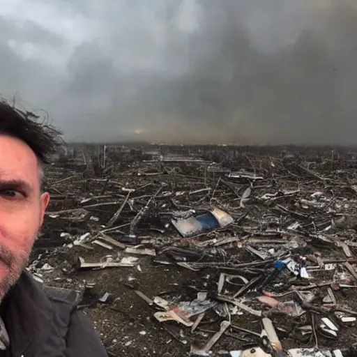 Image similar to final selfie taken by the sad exhausted last person remaining on earth in front of dramatic disasters in the style of roland emmerich during the terrifying apocalypse.