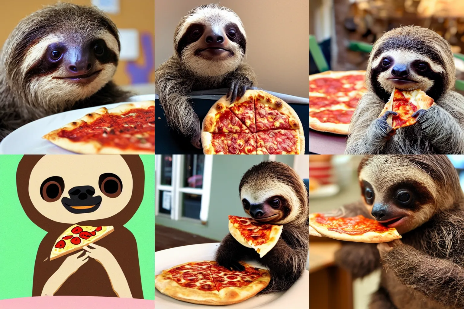 Prompt: a baby sloth eating a slice of pizza