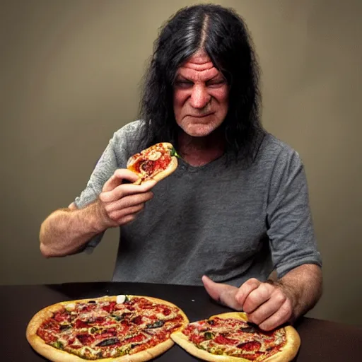 Prompt: a grumpy old danish man with long black hair eating pizza while DMing an AD&D game, D&D, rogue, dark hair, skinny, middle aged