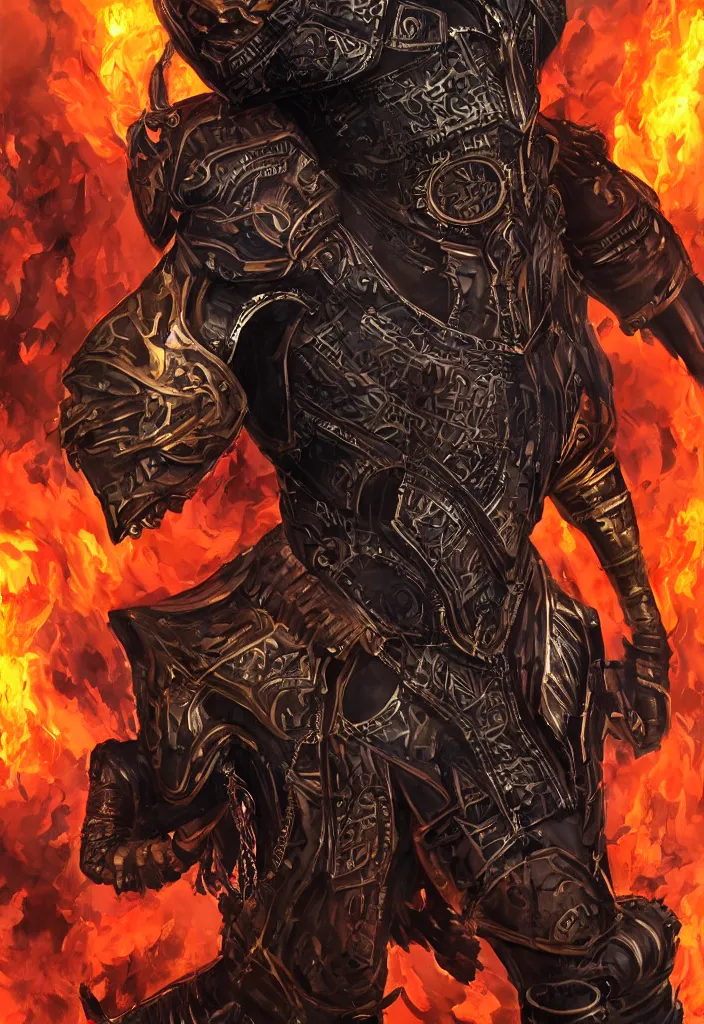 Image similar to a portrait of a wakandan warrior in a steampunk style armor as a demon in a fiery hell, eerie, dark, fantasy, trending on ar, digital art.