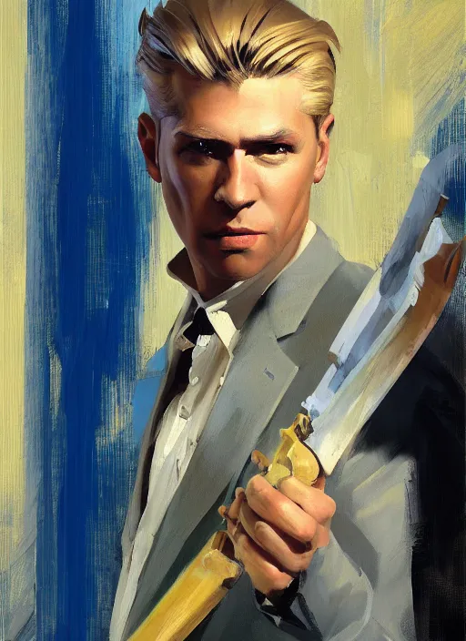 Image similar to greg manchess portrait painting of a blond man in a blue suit with a sword and a pistol, asymmetrical, profile picture, organic painting, sunny day, matte painting, bold shapes, hard edges, street art, trending on artstation, by huang guangjian, gil elvgren, ruan jia, randy vargas, greg rutkowski