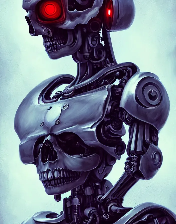 Image similar to skull - headed robot cyborg painting, illutstration, concept art, cyberpunk, futurism, comics art, artgerm, full body shot, wide angle