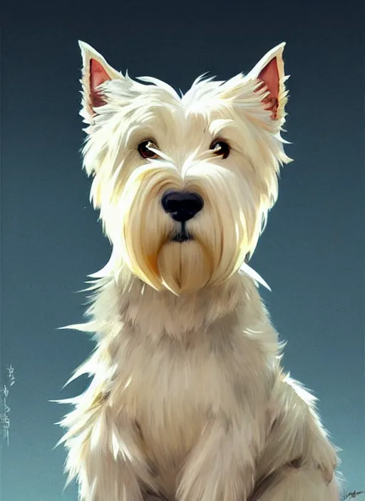 Image similar to a west highland white terrier sitting politely, anime art style, wearing futuristic, golden armor, portrait, high detail, sharp focus, digital painting, artstation, concept art, art by hayao miyazaki and artgerm and greg rutkowski and alphonse mucha.