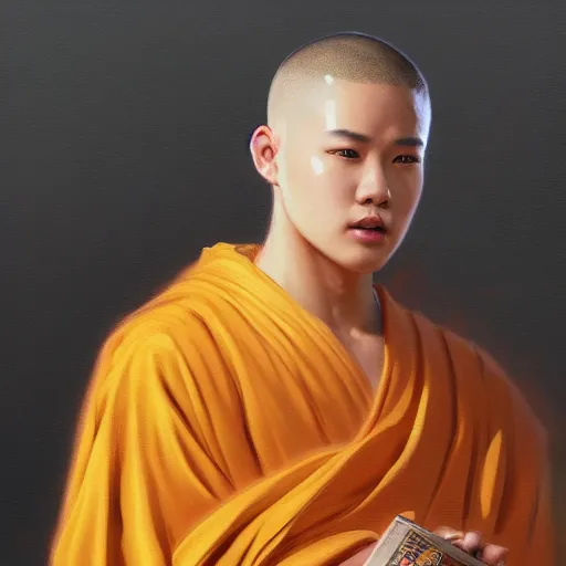 Prompt: very detailed masterpiece painting of sidecut hair Jimin from BTS as a golden robe monk from BTS, featured in artstation, concept art by Greg Rutkowski, WLOP, Dan Mumford, Christophe Vacher