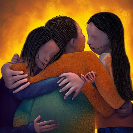 Prompt: A family hugging each other for the last time as the world is ending, meteors are falling from the sky, everything is on fire, dramatic lighting, digital art, very very very very very very beautiful, 8K, dark lighting, trending on Artstation, award winning