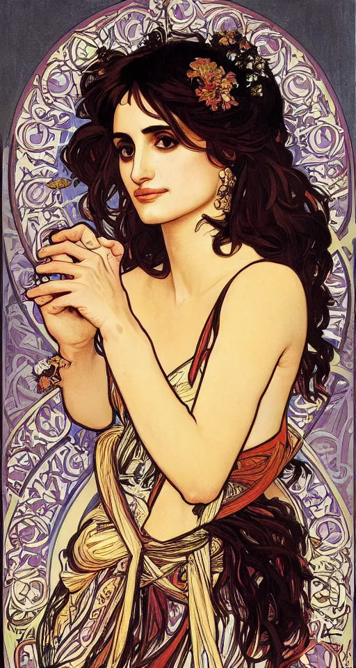 Image similar to portrait of penelope cruz, artwork by alphonse mucha