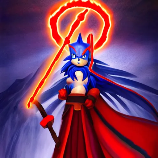 Image similar to red headed woman dressed in dark blue wizard robes holding a wooden staff covered in glowing red runes topped with a glowing gem. sonic the hedgehog stands beside her background of snowy mountains. fantasy painting.