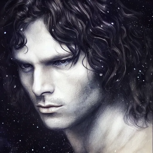 Image similar to jim morrison character portrait, lean face, cinematic lighting, glowing grey eyes, hyper-detailed, 4k, high resolution, in the style of Charlie Bowater, Tom Bagshaw, single face, symmetrical, headshot photograph, insanely detailed and intricate, beautiful, elegant, watercolor, cinematic, portrait, Raphaelite, headroom, Pierre-Auguste Renoir