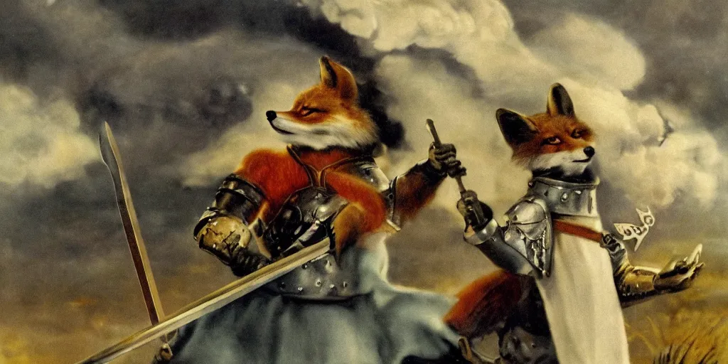 Image similar to anthropomorphic fox who is a medieval knight holding a sword towards a stormy thundercloud 1 9 3 0 s film still