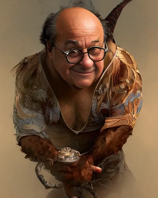 Prompt: character portrait of danny devito, intricate, wild, highly detailed, digital painting, artstation, upper body, concept art, smooth, sharp focus, illustration, art by artgerm and greg rutkowski and alphonse mucha