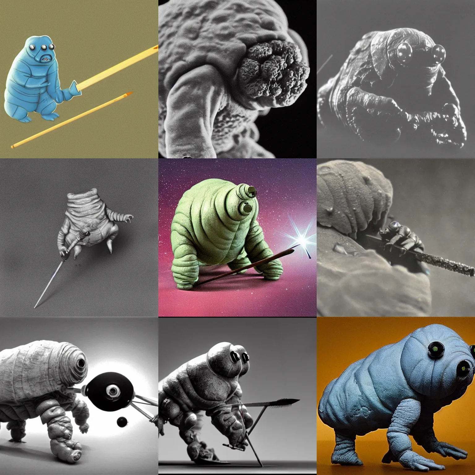 Image similar to Tardigrade holding a spear seen with an electron microscope,