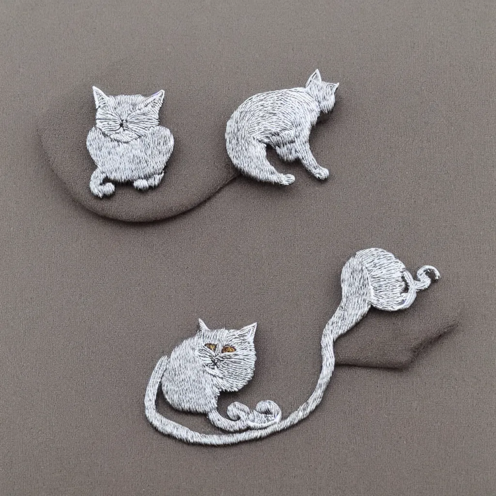 Image similar to Silver embroidered cat brooch, realistic, clean,