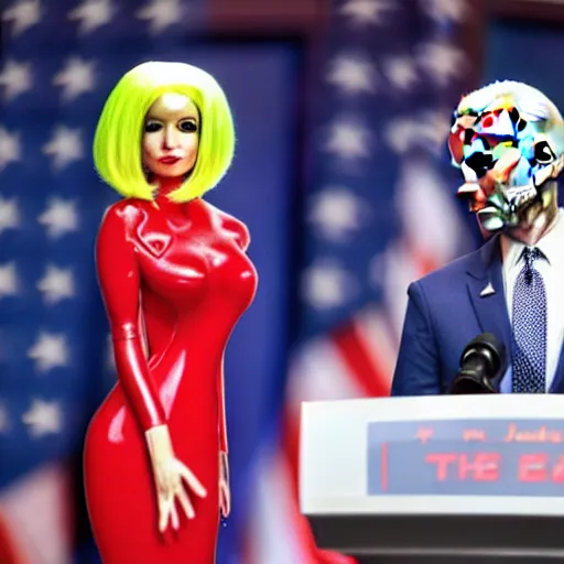Image similar to photograph of a an alien wearing a blond wig and a red dress and ((Joe Biden)) at a press conference
