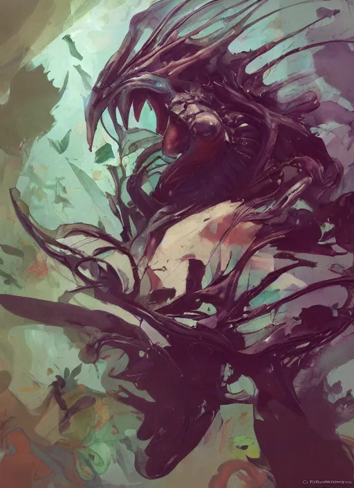 Image similar to semi reallistic gouache gesture painting, by yoshitaka amano, by ruan jia, by Conrad roset, by dofus online artists, detailed anime 3d render cilantro alien monster, cilantro terrible alien monster, antrophomorfic cilantro leaves , portrait, cgsociety, artstation, rococo mechanical, Digital reality, sf5 ink style, dieselpunk atmosphere, gesture drawn