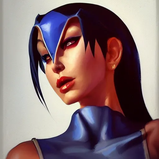 Image similar to greg manchess portrait painting of raven darkholme alias mystique as overwatch character, medium shot, asymmetrical, profile picture, organic painting, sunny day, matte painting, bold shapes, hard edges, street art, trending on artstation, by huang guangjian and gil elvgren and sachin teng