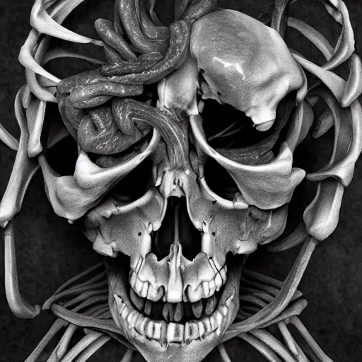 Image similar to hyper realistic prismatic death twisted skeletons greyscale