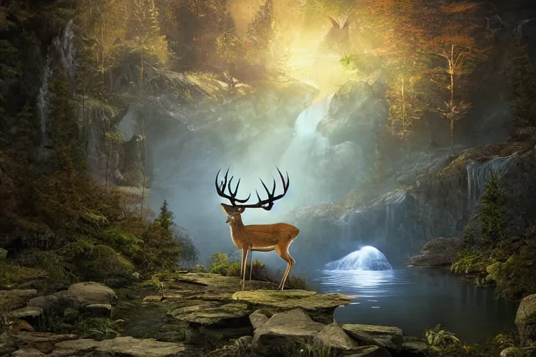 Prompt: deer god with glowing antlers next to lake and waterfall, moonlight, art by artgerm and greg rutkowski, cinematic shot, intricate, photorealistic, artstation, realistic, 1 0 0 mm, photography, octane, high definition, depth of field, bokeh, 8 k